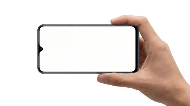 Human hand holding a modern black smartphone horizontally with a blank white screen.