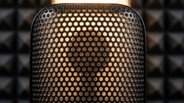Detailed Close-up of a Black Perforated Microphone Grille with Warm Internal Illumination