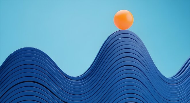 Orange Sphere on Blue Wavy Surface, Balancing Act, Risk, Strategy, Abstract Concept, Minimalist Design