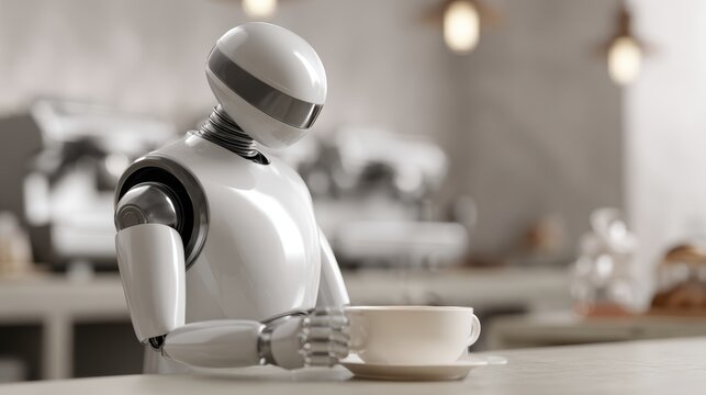 Robot assistant helping barista prepare coffee drinks in cafe