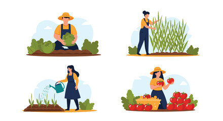 Fototapeta premium Diverse group of farmers engaged in various agricultural activities like harvesting vegetables and watering crops.