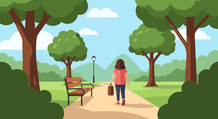 Fototapeta premium A woman walks down a park path carrying a bag, with trees and a bench on either side.