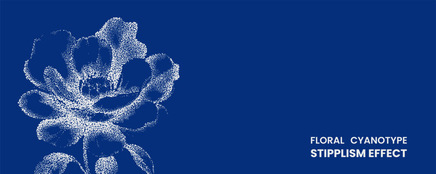 Floral cyanotype stipplism effect, white dotted flower illustration on deep blue background, artistic botanical print, pointillism style floral design