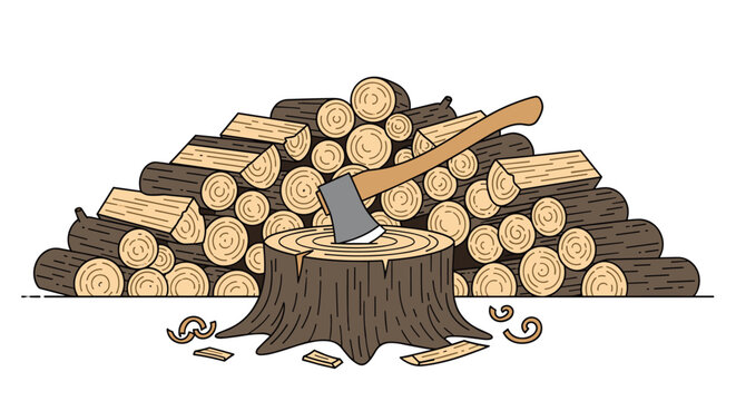 Large stack of cut firewood and logs with an axe stuck in a tree stump in front of the pile.