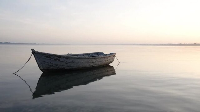 Old wooden rowboat floating on calm lake at sunrise with soft pastel sky and gentle reflection