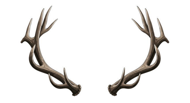 Pair of large deer or elk antlers in a symmetrical arrangement with detailed texture and brown tones on a white background.