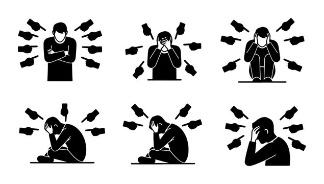 Vector Icons Depicting Social Anxiety, Bullying, and Mental Distress, Human Figures Under Accusation and Pressure, Psychological Stress and Isolation