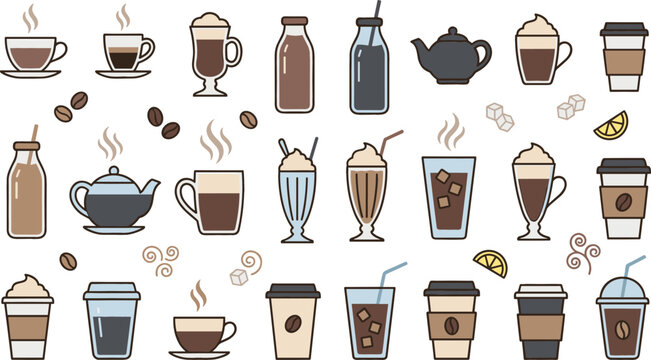 Modern coffee beverage collection featuring takeaway cups espresso latte mocha iced coffee tea and cafe drink icons in flat vector style.
