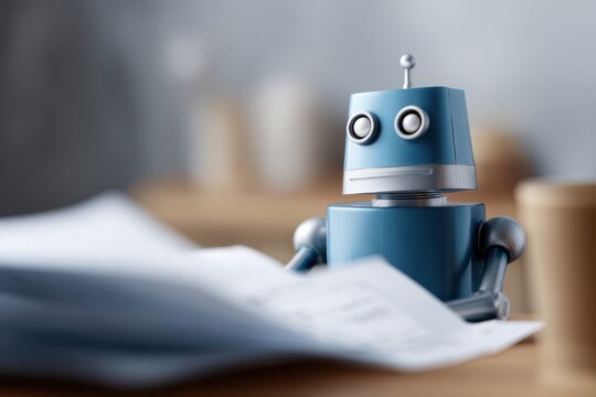 Robot coworker helping accountant prepare financial report spreadsheets