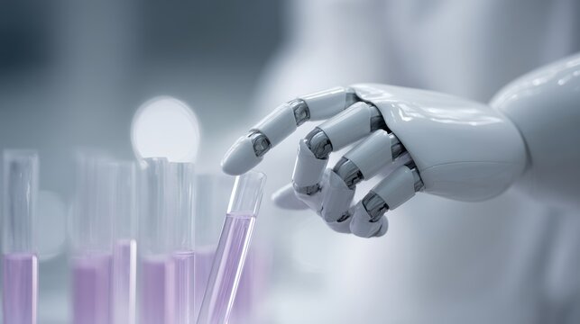Humanoid robot helping scientist prepare laboratory samples for analysis