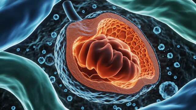 Cellular structure with nucleus and organelles emphasizing fluid motion and vibrant color palettes