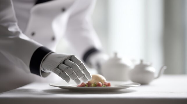 Humanoid robot helping chef plate gourmet meal for restaurant service