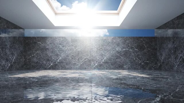 Sunlit marble interior room with skylight reflecting water and sky on reflective wet floor and polished dark marble wall showing cloud and dramatic natural sunlight reflection