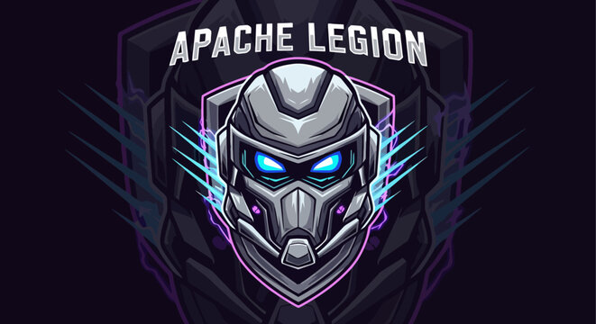 Futuristic Cyberpunk Warrior Helmet with Glowing Blue Eyes and "Apache Legion" Text.