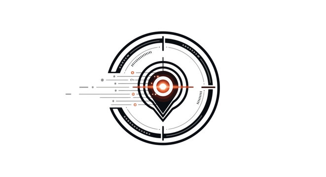 A stylized graphic featuring a location pin icon within a target reticle, symbolizing precision and focus in a digital or technological context.
