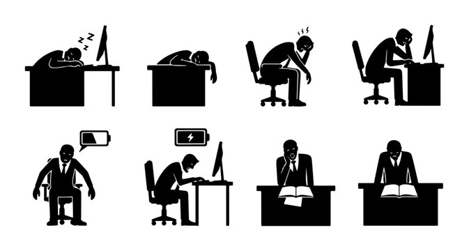 Burnout, Exhaustion, and Fatigue Icons: Office Worker Stress, Overwork, and Low Energy Vector Set