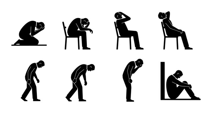 Depressed Figures, Sadness Poses, Mental Health Icons, Human Emotion Silhouettes, Vector Set