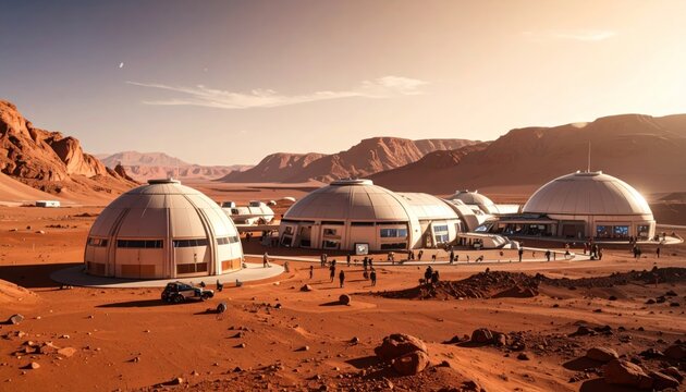 Futuristic Mars colony with domes and structures under a reddish sky, showcasing human expansion into space and potential extraterrestrial settlements