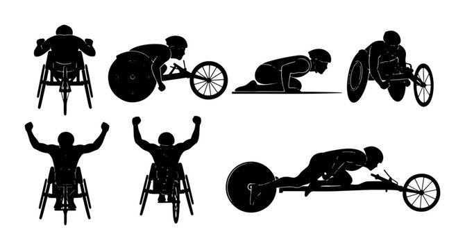 Paralympic Athlete Silhouettes, Wheelchair Racing and Adaptive Sports Icons, Dynamic Action Poses, Victory and Competition Vector Set