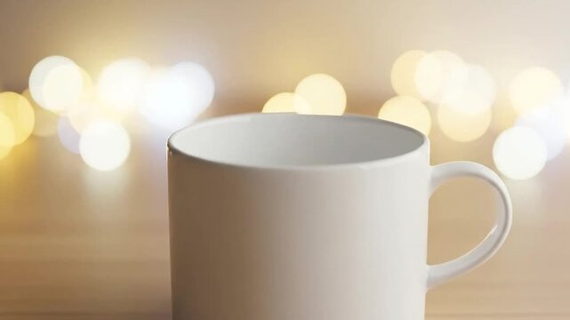 A clean white ceramic mug sits on a wooden table with soft glowing bokeh lights