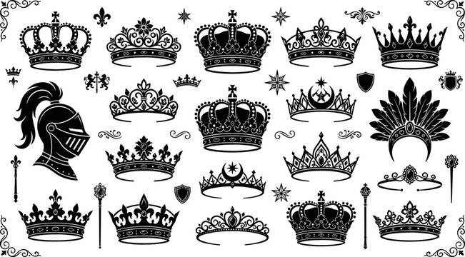 Royal crown and medieval tiara collection featuring king queen princess imperial and fantasy silhouette elements in vintage vector illustration style.