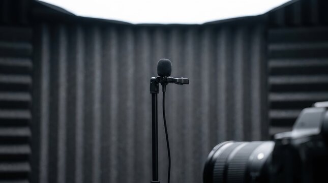 Compact lavalier microphone with clip on a stand in a sound treated room