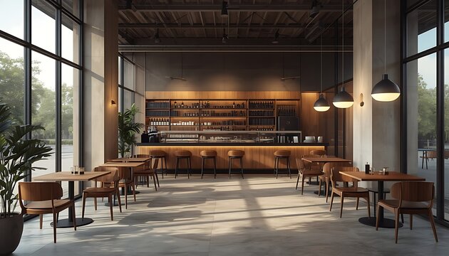 Interior of a modern cafe with large windows, wooden tables, chairs, and a bar area with stools, showcasing a bright and spacious ambiance perfect for relaxation and social gatherings