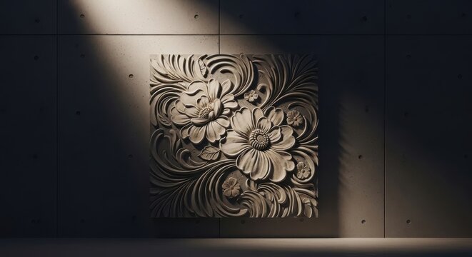 Intricate floral relief sculpture carved in concrete, showcasing detailed botanical patterns.