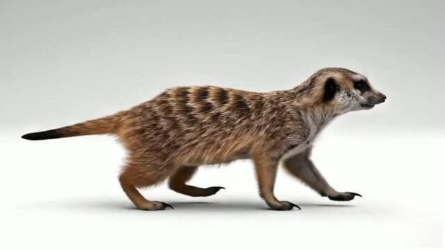 A meerkat walking, a small mammal with distinctive markings on its back