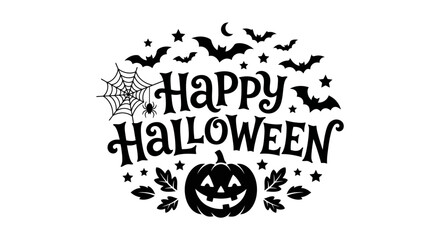 Happy halloween text with jack o lantern bats and spider web © Shawon