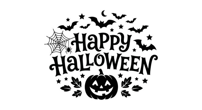 Happy halloween text with jack o lantern bats and spider web