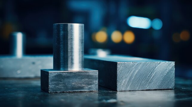 Metal billet and industrial blocks on workshop table