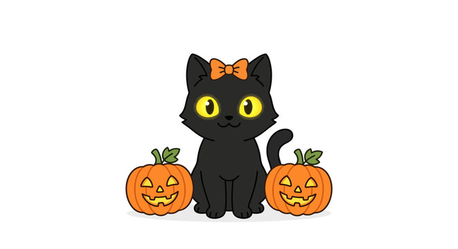 Black cat with orange bow and jack o lanterns