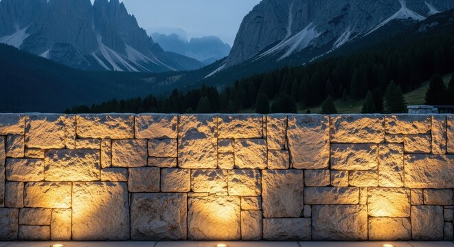 Rough hewn stone facade with warm uplighting against a majestic mountain landscape at twilight