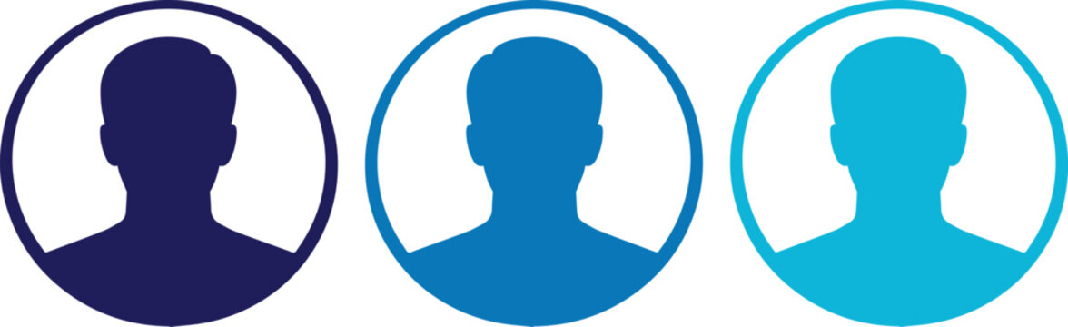 User profile avatar icon set, three blue gradient silhouette headshot vectors. Modern account login symbols, anonymous person placeholder graphics for web and app design.