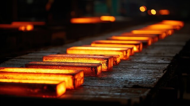 Glowing molten steel billets on a production line in a foundry