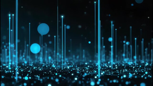 Glowing blue particles and light beams rise from a dark, textured surface