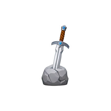 A stylized 3D model of a sword and shield rests on a gray rock. The sword has a silver blade and a gold hilt with a blue gemstone.