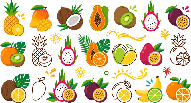 Tropical fruit collection featuring pineapple mango papaya kiwi dragon fruit coconut citrus and exotic summer elements in colorful vector illustration style.