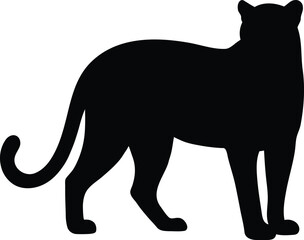 Black silhouette of a standing cat with tail curved downward and ears perked up on transparent background © NOMAN
