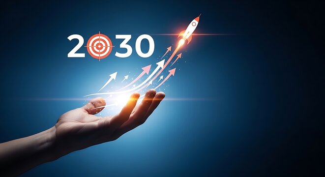 Hand holding up 2030 with upward arrow graphics and rocket launching into the sky progress opportunity strategy planning
