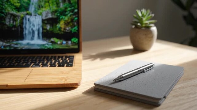 Modern workspace with laptop, gray notebook and silver pen wooden desk beside small succulent, sunlight casting soft shadows textured cover for calm, productive office workspace and focused