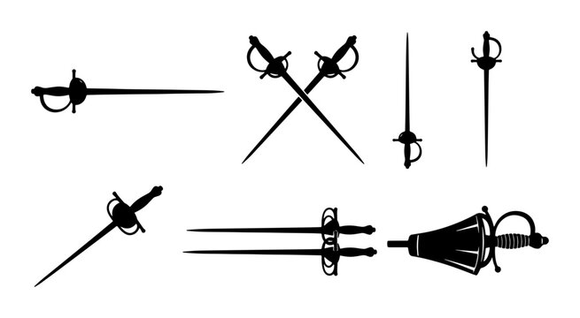 Collection of Rapier Swords, Historical Weapon Silhouettes, Elegant Fencing Blades, Vintage Dueling Swords, Vector Illustrations for Design