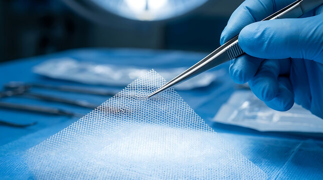 Sterile synthetic medical surgical mesh held by metallic tweezers in macro view showing precision healthcare technology for hernia repair and abdominal reinforcement in clinical settings