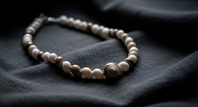 Handmade seashell and bead bracelet on dark fabric, beach jewelry