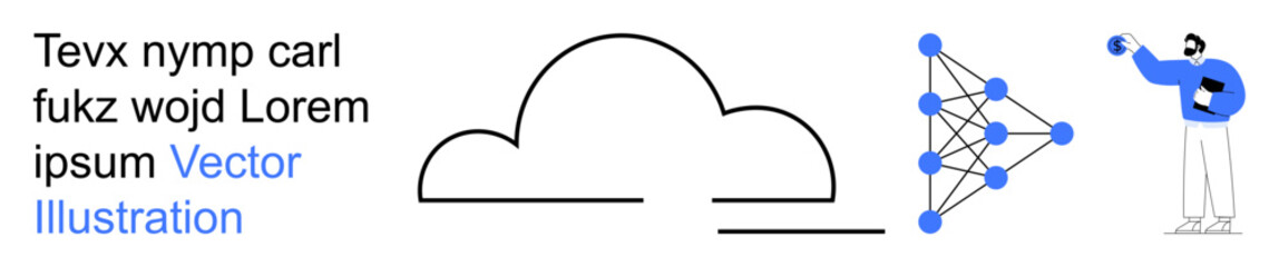 Obraz premium Cloud computing, artificial intelligence, data analysis, neural networks, machine learning, technology innovation. Illustration shows a cloud, neural network and a person analyzing data. Cloud