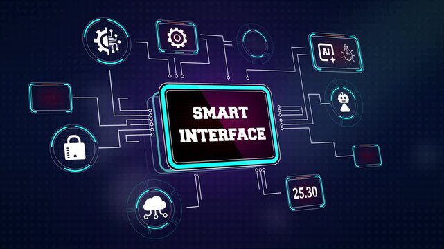 Modern smart interface showing advanced digital technology nodes and artificial intelligence icons perfect for software ads and tech startup presentations