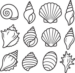 Fototapeta premium Seashell Outline Icon Set - Shell and Scallop Line Art Collection