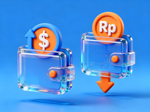 Glassmorphism 3D digital wallet with rising dollar and falling rupiah symbols, conceptual illustration of personal finance, inflation and currency exchange impact.
