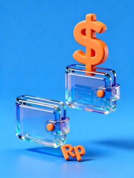 Glassmorphism 3D digital wallet with rising dollar and falling rupiah symbols, conceptual illustration of personal finance, inflation and currency exchange impact.